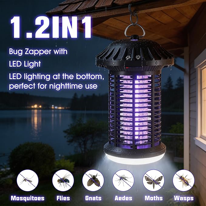 Bug Zapper Indoor &amp Outdoor Water Proof Mosquito Zapper with LED Light 4200V Electric Bug Zapper for Home Patio Office Courtyard (Black)