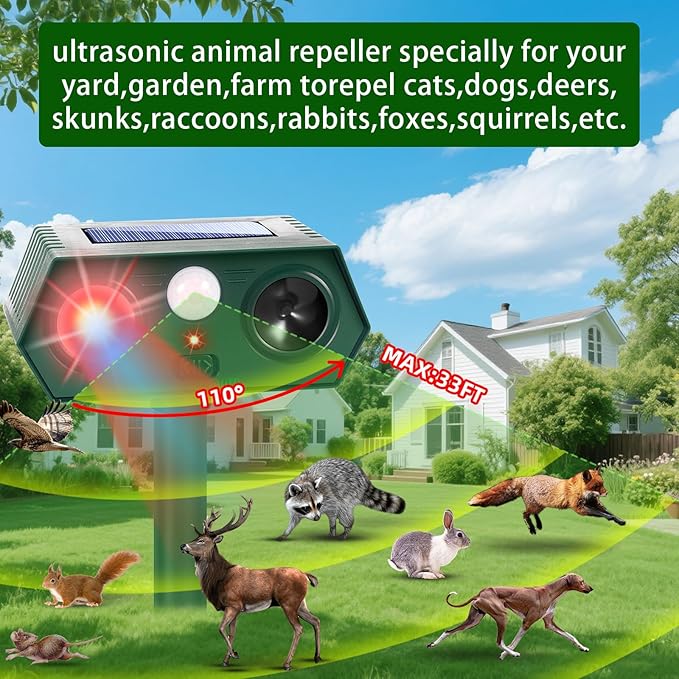 2025 Solar Ultrasonic Racoon Fortress Pro Deer Cat Repellent Devices Animal Repeller Squirrel Rabbit Deterrent Outdoor with Motion Sensor&ampFlash Light to Scare Dog Skunk Out of Garden Yard(2Pack)