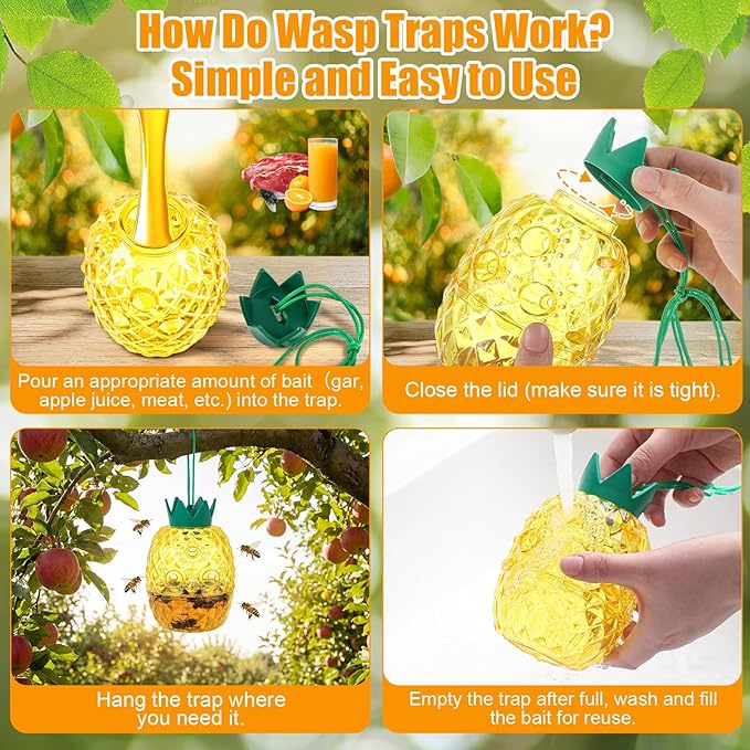 4 Pack Wasp Trap Outdoor Hanging Reusable Yellow Jacket &amp Hornet Trap with Bait Reservoir Durable Outdoor Bee Catcher for Garden Patio Orchard Pineapple Design