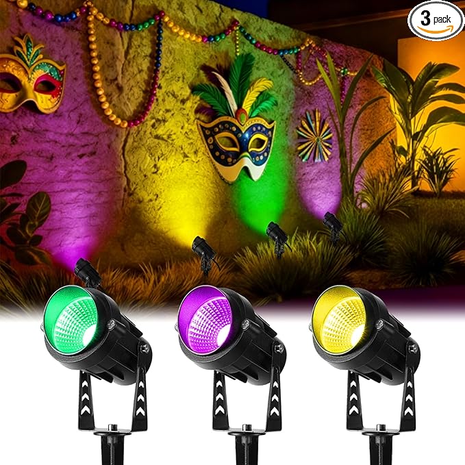 3 Pcs Mardi Gras Spotlight Outdoor Decorations Purple Green and Gold Spotlight Plug in Waterproof Spot Lights Landscape Lighting Carnival Lamp Yard Sign for Garden Outside Porch Supplies