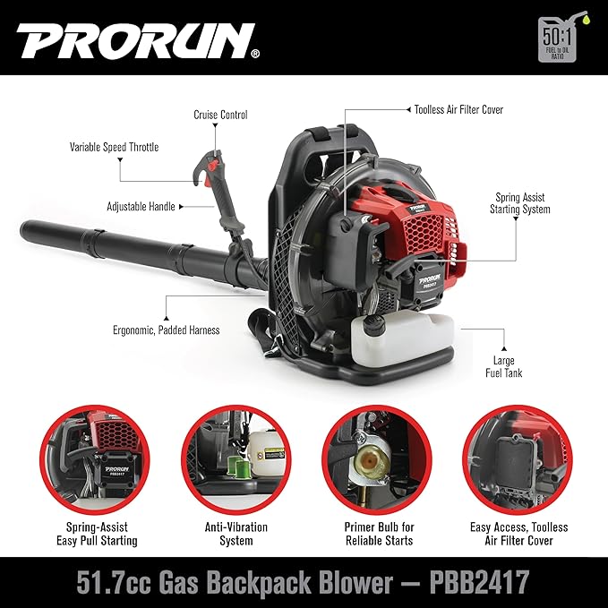 PRORUN 51.7cc 570 CFM 2-Cycle Backpack Blower Model# PBB2417