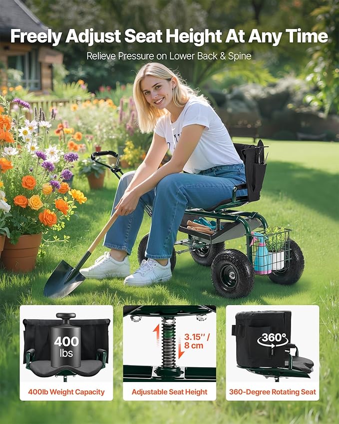 VEVOR Garden Seat with Wheels Rolling Garden Stool with Height Adjustable &amp 360° Swivel Seat 400lbs Weight Capacity Gardening Cart Bench Ergonomic Backrest &amp Tool Storage for Yard Patio