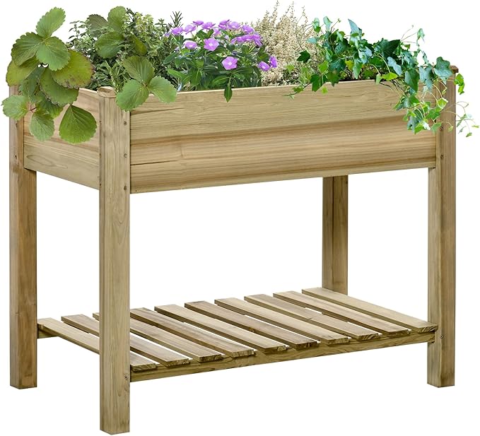 36 x 20 x 30 Raised Garden Bed Elevated Wood Planter Box with Legs and Storage Shelf for Backyard Patio Balcony to Grow Vegetables Herbs and Flowers