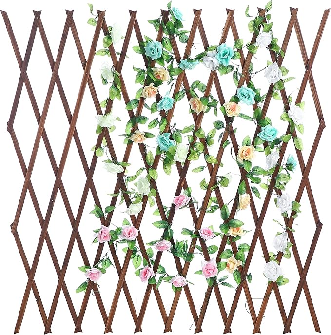 MyGift Nature Wood Trellis Expandable Wall Lattice Panels for Outside Decorative Lattice Trellis Frame for Climbing Plants Vine Ivy Rose Cucumbers Outdoor Balcony Garden