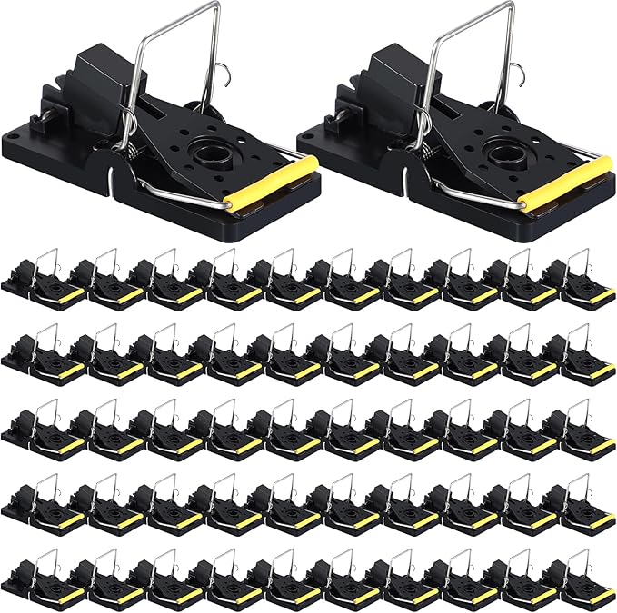 Qualirey 50 Pcs Mouse Traps Bulk Plastic Snap Rat Trap Reusable Quick Effective Safe for Indoor Outdoor Home House Warehouse Garden Kitchen 3.86 x 1.81 x 2.17 Inch (BlackYellow)