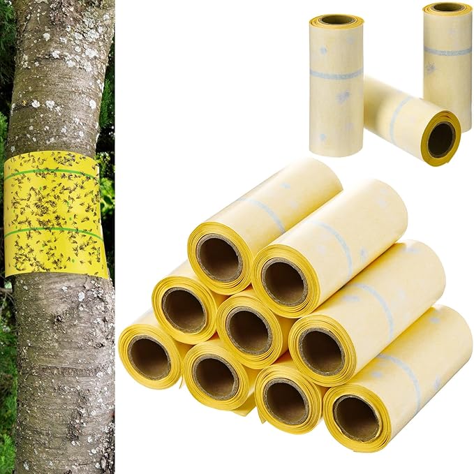 12 Rolls (30 Feet Each) Spotted Lantern Fly Tree Trap Outdoor Fruit Fly Sticky Strips Paper Ant Insect Sticky Barrier Tree Trunk Wraps to Protect Trees Plants Lawn Garden(Yellow and Green)