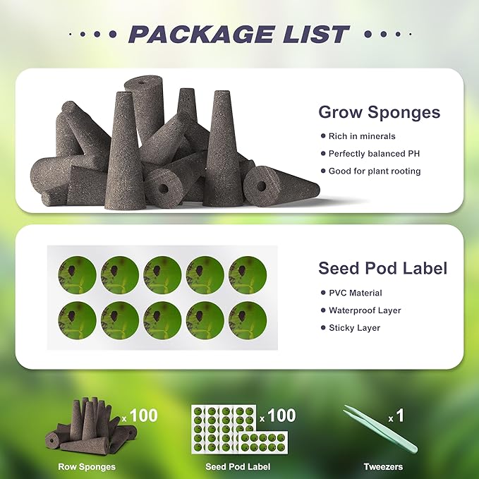 100 Pack Hydroponics Grow Sponges - Replacement Root Growth Sponge Seed Pods for Hydroponic Garden Indoor Growing System Seed Starter Sponges Pod Kit with 100 Labels and 1 Tweezers