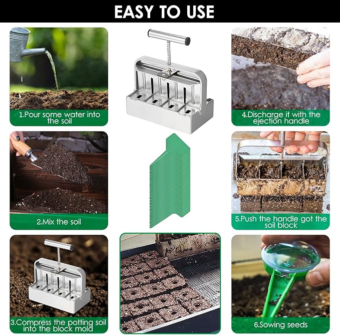 Soil Blocker 2 inch Manual Soil Block Maker Handheld Gardening Seedling Tool with Comfortable Handle for Gardens Farms Seedings Cuttings Greenhouses Gardens (Type 3)