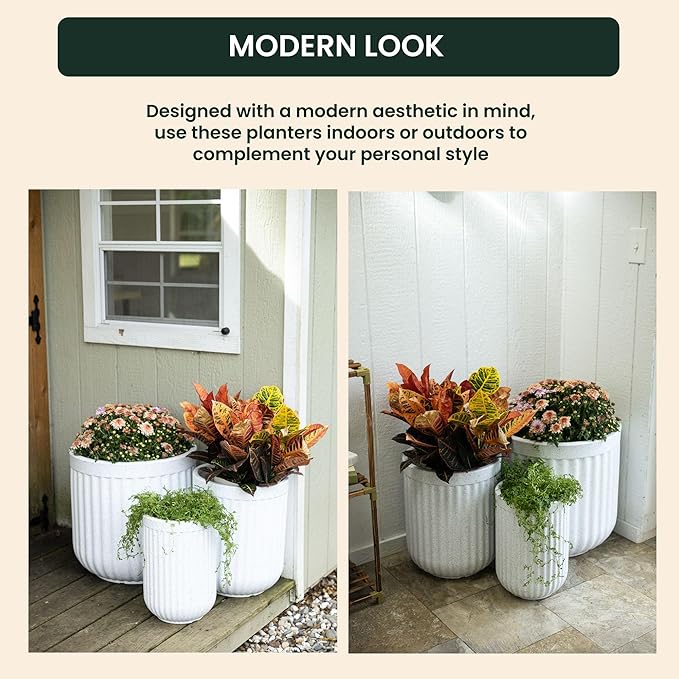 Beuta Large Planters for Outdoor Plants - Set of 3 15/18/20 Inches - USA Made - Outdoor Planters for Porch - Tall Planter for Outdoor &amp Indoor Plants | Large Indoor Plant Pot - Limewash