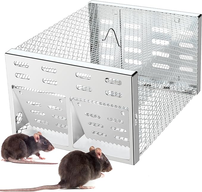 Humane Rodent Trap for Indoor &amp Outdoor Use - Automatic Multi-Catch Metal Cage with Double One-Way Doors Reusable Safe Trap for Mice Chipmunks &amp Small Animals (Grey)