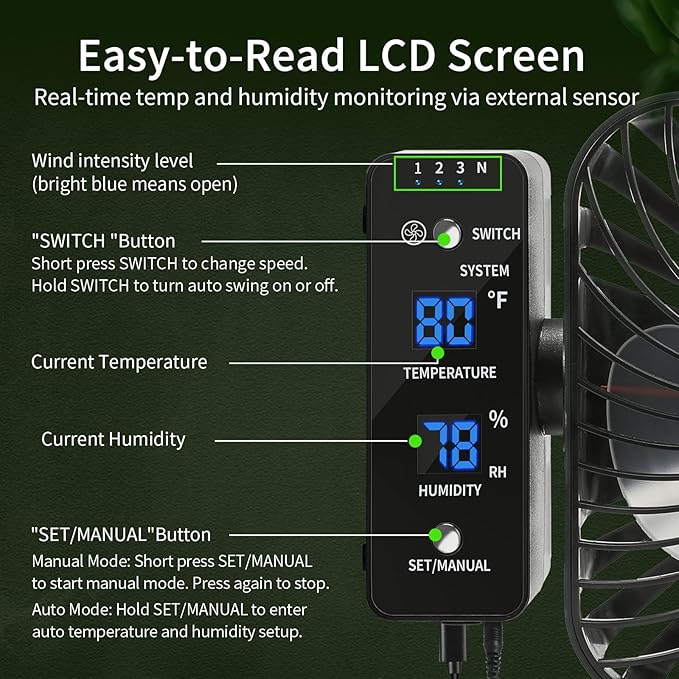 Grow Tent Fan 6” LCD Display with Sensor Adjustable Temp &amp Humidity Control 4-Speed 90° Oscillating Fan Strong Airflow for Indoor Growing Mushroom Box Desk Use