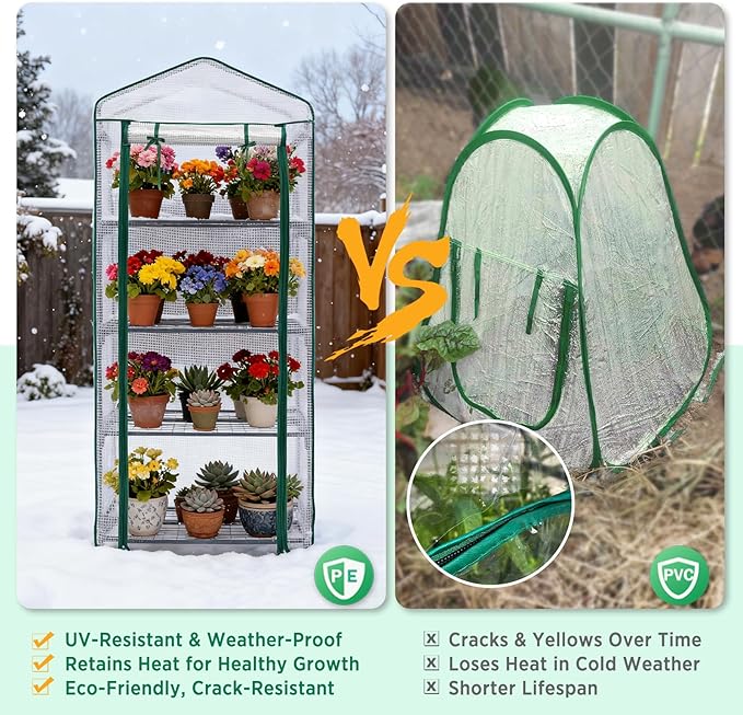 EAGLE PEAK 4-Tier Mini Greenhouse Portable Green House with Shelves &amp Weather-Resistant PE Cover Small Greenhouse for Seedlings &amp Gardening Gifts 27x19x64 in Clear/White