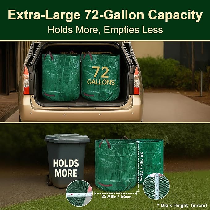 72 Gallon Reusable Yard Waste Bags (3 Pack) Heavy Duty Stand-Up Leaf &amp Lawn Bags 150 GSM Woven PP (PE Coated) Double-Layer Bottom Top &amp Bottom Reinforced Handles Cowhide Gloves Included