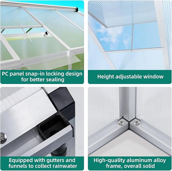 6x8 FT Greenhouse - Large Aluminum Greenhouses for Outdoors Heavy Duty Polycarbonate Greenhouse with Roof Vent&ampGround Nails Walk-in Green Houses for Garden Backyard Patio Easy Assembly