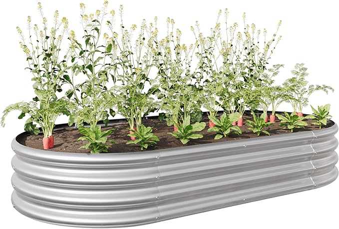 DSHADE Outdoor Raised Garden BedOval Large Galvanized Metal Raised Planter Bed Garden Bed Kit Anti Rust Garden Beds Large Metal Planter Box for for PlantsVegetablesFlowers (Silver)