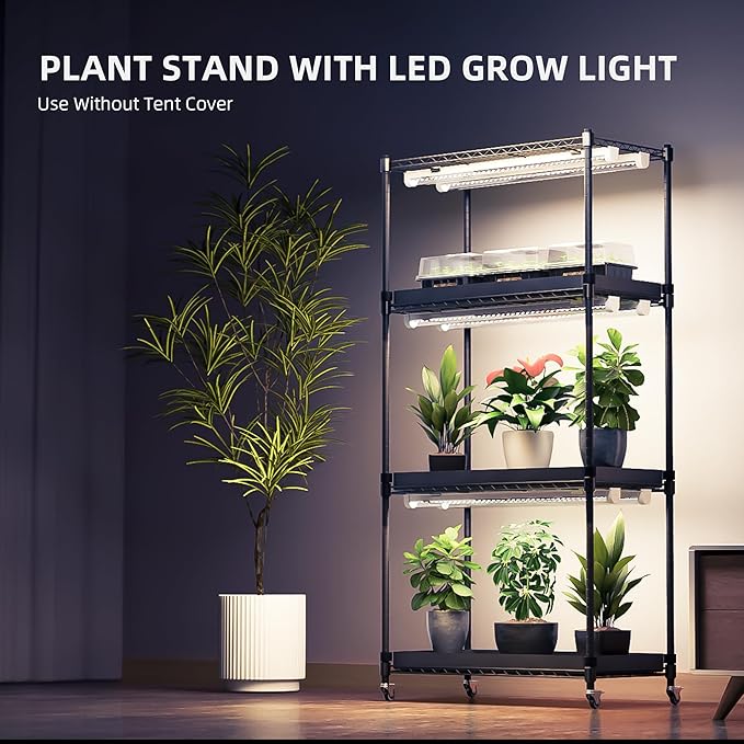 Spider Farmer 2025 Plant Stand with Grow Lights 4-Tier Plant Shelf with 6Pcs 2ft Full Spectrum LED Lamp and Grow Tent for Veg Seed Starting Plants Growth Greenhouse 28Lx14Dx59H (Update)