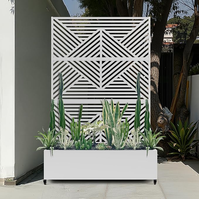 Standing Metal Planter Box with Trellis and Wheels for Climbing Plants Raised Garden Beds with Drainage Holes 47 L×16 W×71 H Privacy Boxes with Trellis (White Zodiac)