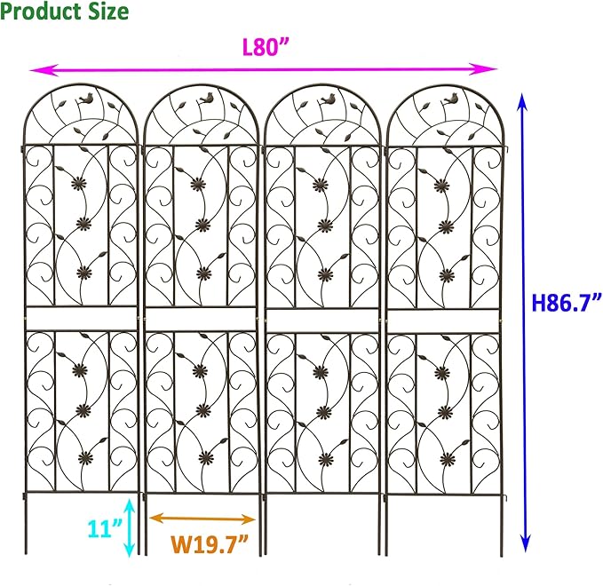 Metal Garden Trellis Rustproof Trellis for Climbing Plants Outdoor Flower Support Bird Deco (Brown-4 Pack 86.7x19.7)