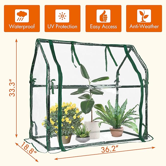 Gardzen Mini Greenhouse Heavy Duty Portable Green House Clear Tent Indoor or Outdoor for Plants 36.2”(L) x18.9”(W) x33.3”(H)