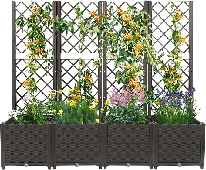 4 PCS Plastic Planter Box with Trellis Planter Box Raised Garden Bed with Trellis Planters for Climbing Plants Flowers Vegetables Fruits 62.99 × 15.75 × 55.91in (Dark Brown)