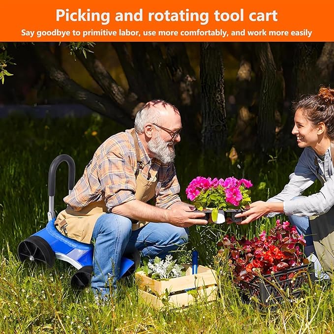 Adjustable Rolling Garden Cart with 360° Tool Tray Ergonomic Gardening Chair for Outdoor Planting Weeding &amp Yard Maintenance - 23.62X18.5X12.2 Inche