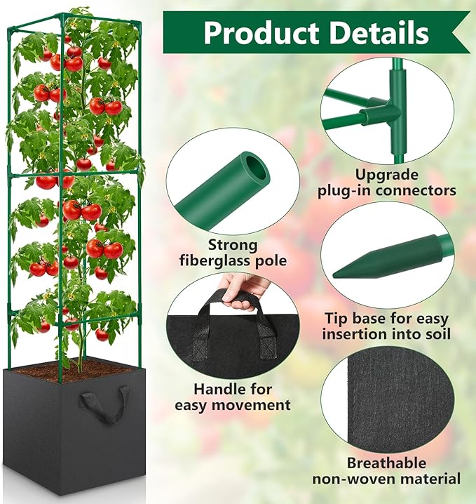 2 Pack Tomato Cages for Garden49-Inch Square Trellis Frame with 7 Gallon Grow Bags Plant Clips Tomato Plant Support Kit for Garden Raised Bed Cucumber Vegetable Climbing Outdoor Indoor