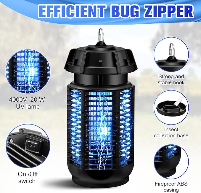 Qualirey 2 Packs Fly Zapper Bug Killer 4000v 20w Power Electric Mosquito Trap Mosquito Killer with 3.9ft Cords for Outdoor Indoor Ipx4 Waterproof Insect Trap with 2 Brushes for Home Patio Camping