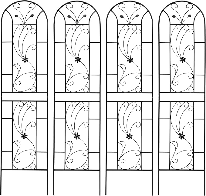 Metal Garden Trellis with Peacock Style 19.7 x 86.7 Inch Iron Arch Frames Heavy Duty Outdoor Flower Support Trellis for Climbing Plants Garden Patio Yard &amp Wedding Decorations (Black Pack of 4)