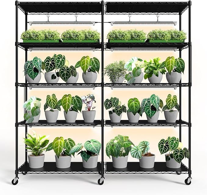 Bstrip 5-Tier Plant Shelf with Grow Light Large L-Shaped or Long Shape Indoor Plant Stand 8 Pack 192W T8 Full Spectrum Grow Lights for Indoor Plants &amp Seed Starting (58L x 13.8W x 59H)