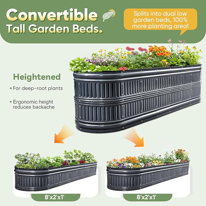 KING BIRD Raised Garden Bed Kit 2025 Upgraded Modular DIY Galvanized Planter Garden Box Outdoor for Gardening Vegetables Flowers Elegant Roman Column Design 94x24x24 in Dark Grey
