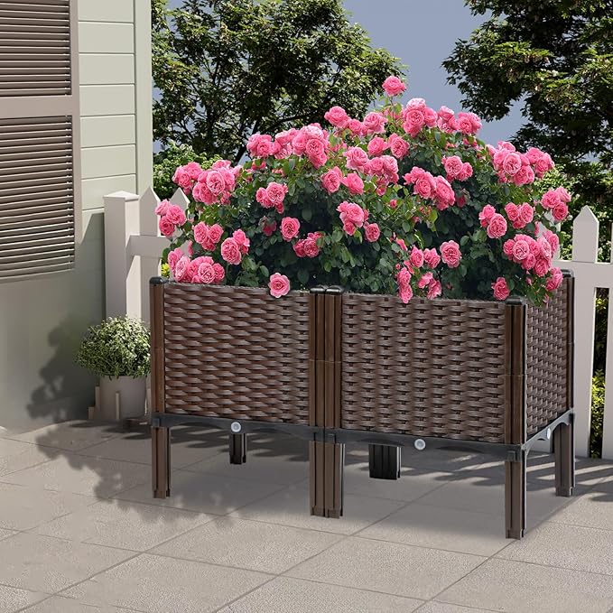 Rattan Raised Garden Bed with Legs-Rectangular Elevated Deep Planters for Outdoor Plants Self Watering Planter Box 32L x 16W x 20H Rectangular Deep Garden Bed for Vegetables Flowers Herbs