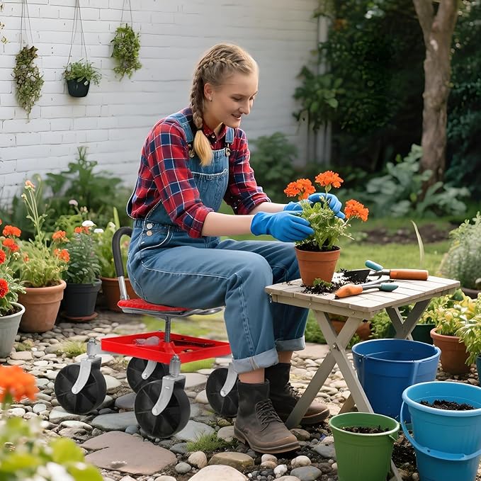 Rolling Garden Work Seat with Wheels Gardening Stool for Planting 360°Swivel Caster Tool Tray Backrest Height Adjustable Rolling Work Seat for Outdoor Patio and Yard Red