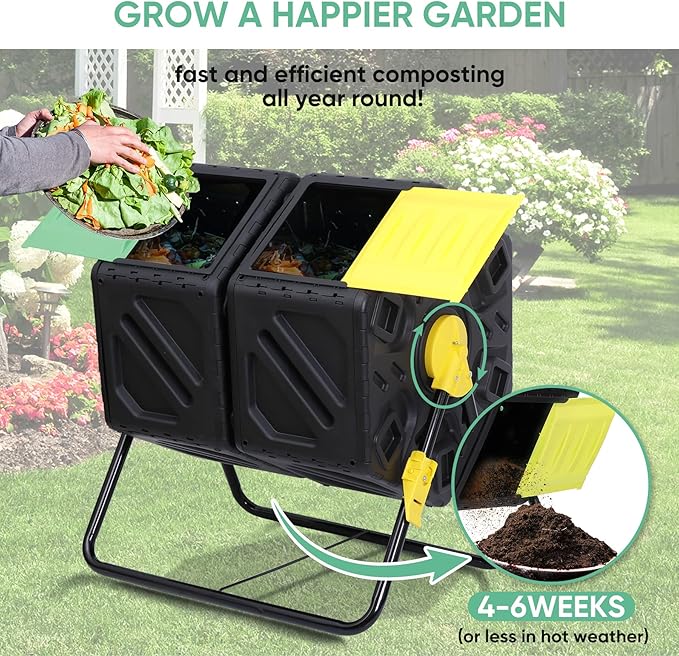 Compost Bin Tumbling Composter Rotating w/ 2 Sliding Doors Compost Bin Dual Chamber All Season Heavy Duty Outdoor Gardening Composting Tumblers Garden Yard (37 Gallon Black)