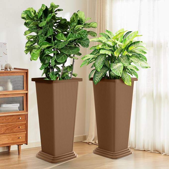 Set of 2 Tall Planters 24 Large Indoor Outdoor Flower Pots with Tray Modern Tapered Planters for Porch Patio Garden Backyard