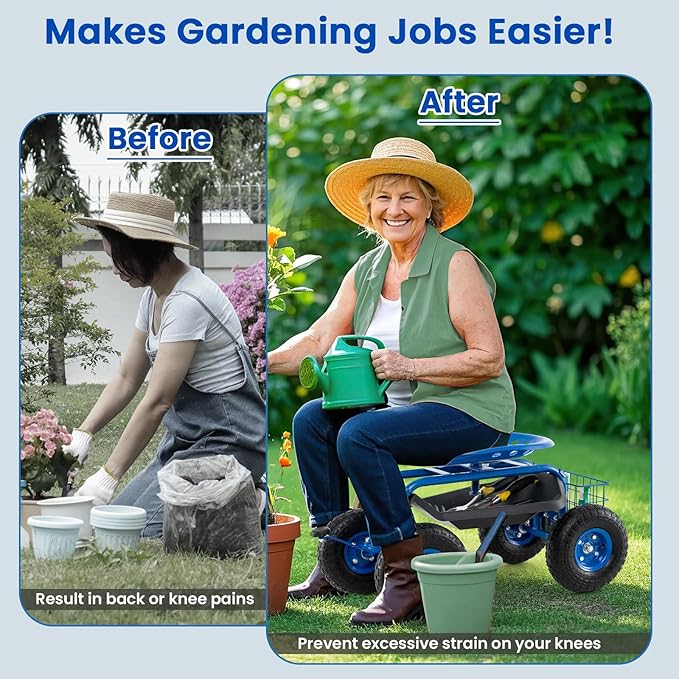 Giantex Garden Workseat 360 Swivel Rolling Seat with Wheels Tools Basket Gardening Cart with Seat Adjustable Height Wagon Scooter for Patio Lawn Yard Outdoor Steerable Stool (Blue)