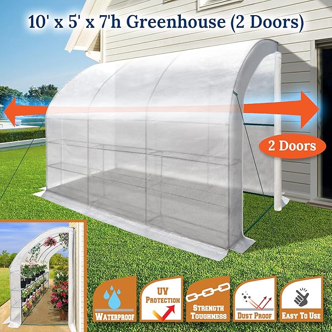 BenefitUSA New Large Walk-in Wall Greenhouse 10x5x7'H w 3 Tiers/6 Shelves Gardening (White (2 Door))