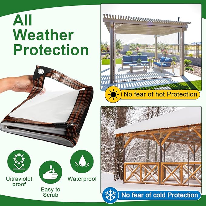 Windyun 2 Pack Heavy Duty Clear Tarps with Reinforced Edge Plastic Tarp Waterproof Plastic Cover Greenhouse Patio with Elastic Rope and Nylon Rope for Garden Furniture (13 x 16 ft)
