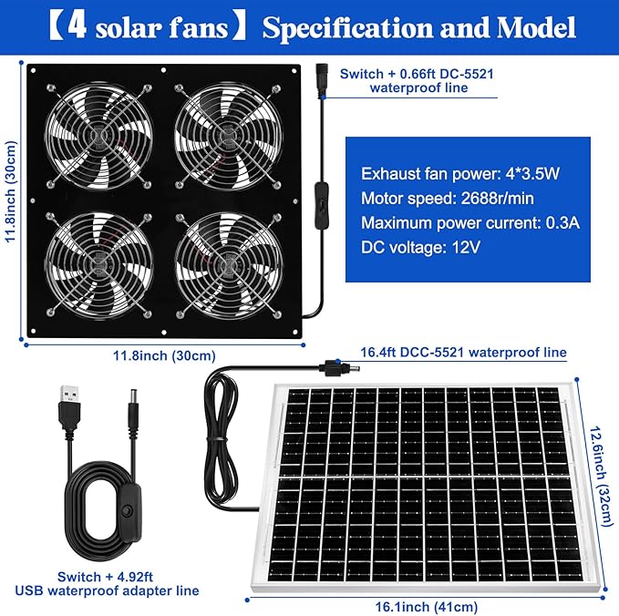 Solar Exhaust Fan for Chicken Coop &amp Powered Fan with 25W Solar Panel &amp 4-Pack High-Speed Brushless DC Fans Solar Shed Ventilation Fan for GreenhousesAttics Barns &amp Dog Houses