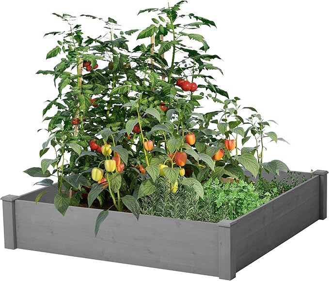 Raised Garden Bed 48x48x10'' Outdoor Wood Planter Box Over Floor Tool-Free Assembly