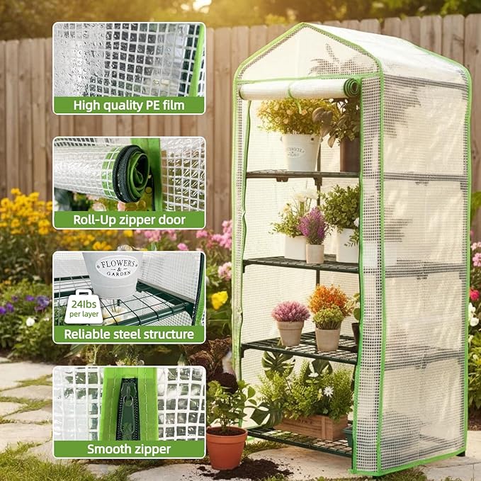 Mini Greenhouse for Indoor Outdoor Small Plants Green House with 4 Tier Shelves Portable Plastic Greenhouses with Durable PE Cover for Garden Backyard Patio Balcony Porch (White)