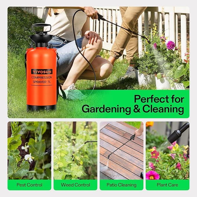 VIVOSUN 1.85-Gallon Pump Pressure Sprayer Pressurized Lawn &amp Garden Water Spray Bottle with Adjustable Shoulder Strap for Spraying Plants Garden Watering and Household Cleaning