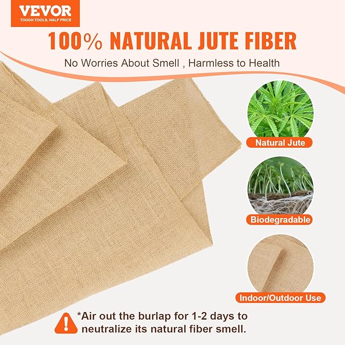 VEVOR Burlap Fabric Roll 14” x 150 ft &amp 45 x 45 High Density Wide Natural Burlap Fabric Rolls Jute Fabric Burlap Tree Wrap Roll for Decor Crafts Wedding Gardening Plant &amp Tree Winter Co
