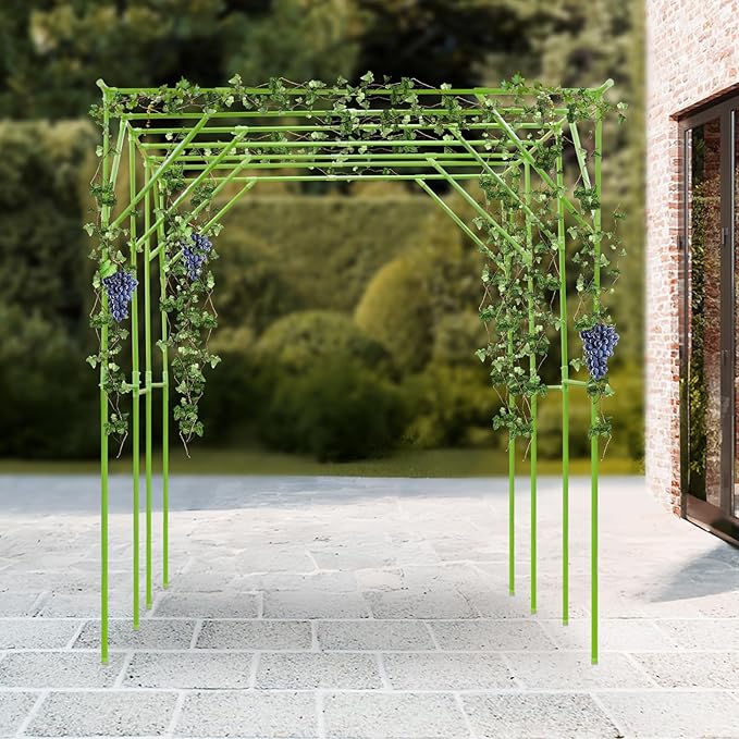 Metal Pergola Arbor Garden Arch Trellis for Climbing Plants 9.84 * 6.56 * 7.55ft Large Tall Trellis Plants Support for Climbing Vine Vegetable Fruit Flower Wedding Party (Green Style A)