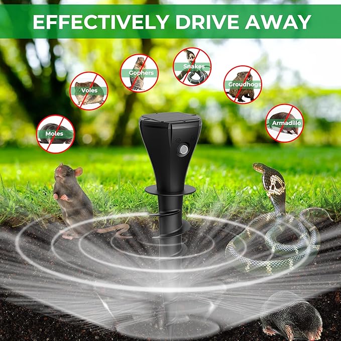 Solar Powered Mole Repellent for Lawns 8 Packs Ultrasonic Vole Repeller Outdoor IP 65 Waterproof Outdoor Ultrasonic Mole Deterrent Get Rid of Gopher Vole Skunk Groundhog Snake in Garden Yard Lawn