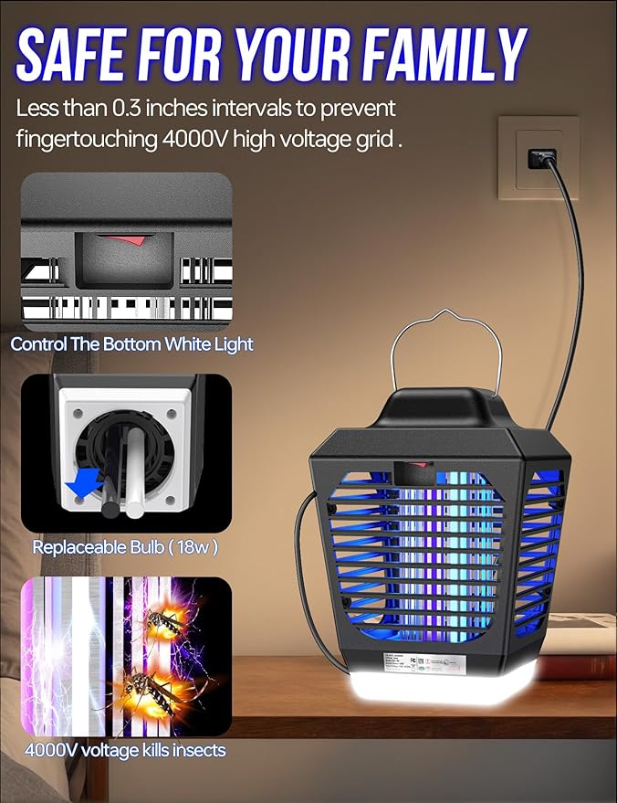 New Fi 4200V Bug Zapper Waterproof Electric Flying Insect Trap with LED Light ABS Housing Indoor Fly Trap and Outdoor Mosquito Zapper Plug‑in for Home Patio Garden
