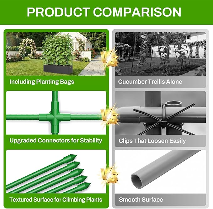 U-Shape Cucumber Trellis with Grow Bag 64 Tall Metal Garden Trellis for Climbing Plants Outdoor Reusable Cucumber Trellis for Raised Bed with Garden Netting for Tomatoes Peas Plant Vines Support