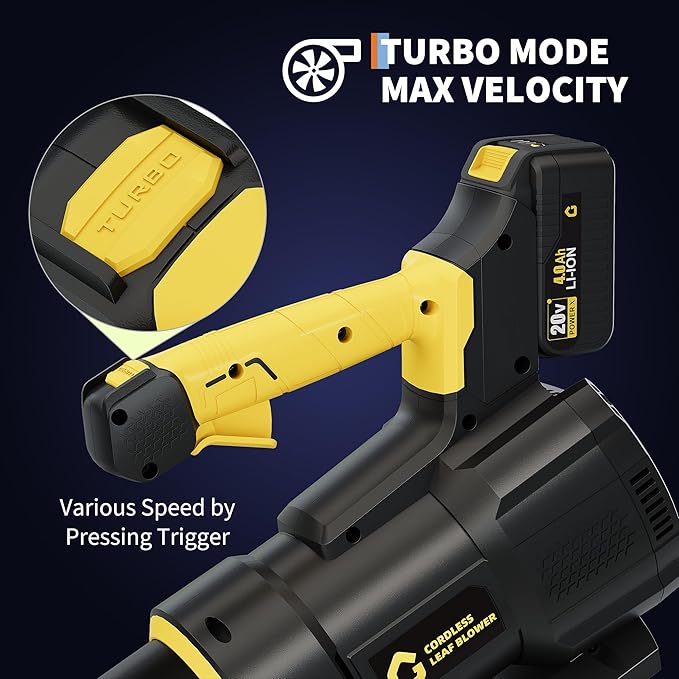 Electric Leaf Blower - 650CFM &amp 200MPH Leaf Blower Cordless with 20V 4.0Ah Battery and Charger Variable Speed Powered Leaf Blowers for Lawn Care Blowing Leaves Dust Snow - Yellow