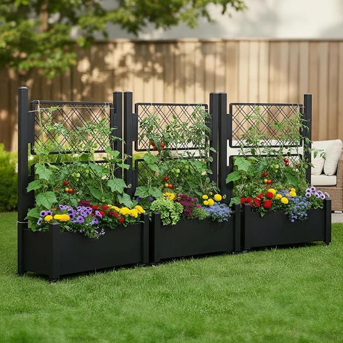 Metal Raised Garden Bed with Trellis 50Hx38Wx14D Inch Compact Planter Box for Climbing Plants Patio Balcony Garden Privacy Screen with Wheels and Drainage Holes Black