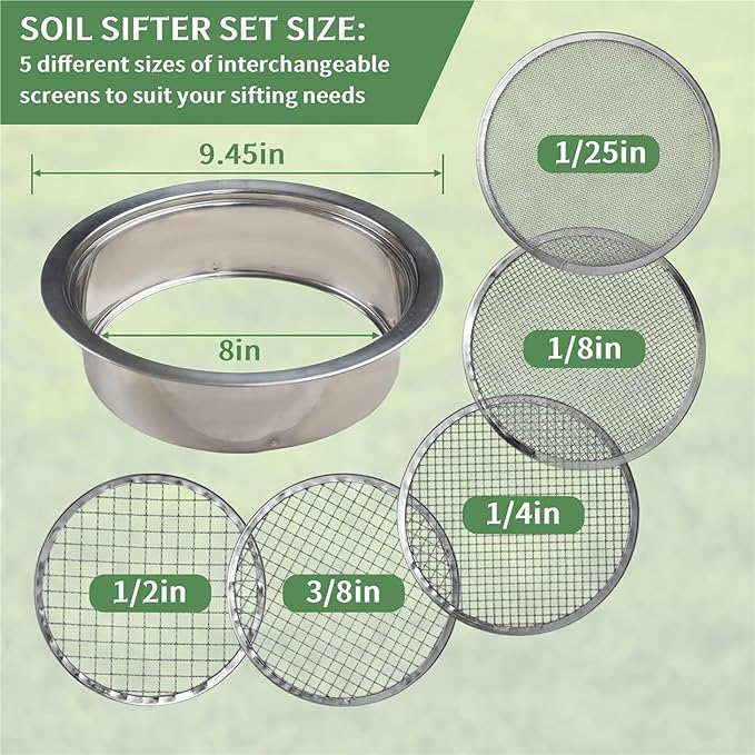 Stainless Steel Soil Sieve Soil Sieve Set Garden Stainless Steel Mesh SifterCompost with 136912mm and Bonsai Scoop