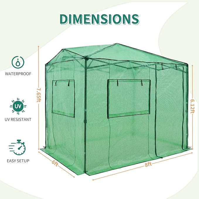 EAGLE PEAK Replacement Cover for 8x6 Portable Walk-in Pop up Greenhouse Front Roll-Up Zipper Entry Door and 2 Large Roll-Up Side Windows (Frame Not Included) Green